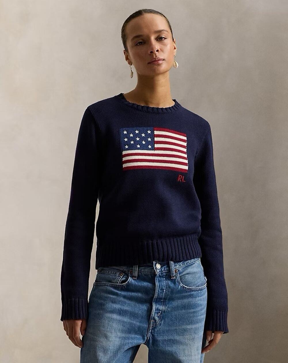 Polo Ralph Lauren Navy Iconic American Flag Sweater Cotton L (adult Small)